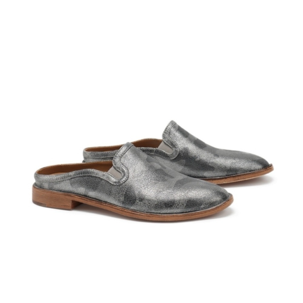 Trask Ashley Pewter Camo Slide Mule Grey Silver Camouflage Print Leather